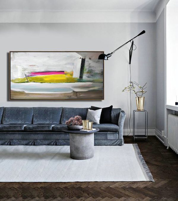 Hand Made Abstract Art,Horizontal Palette Knife Contemporary Art Panoramic Canvas Painting,Contemporary Art Acrylic Painting,White,Brown,Yellow,Pink.etc - Image 3