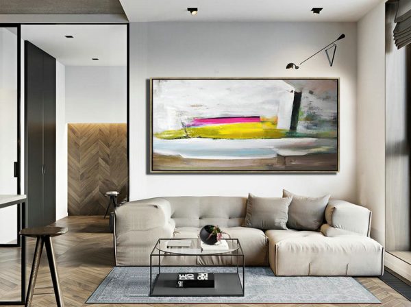 Hand Made Abstract Art,Horizontal Palette Knife Contemporary Art Panoramic Canvas Painting,Contemporary Art Acrylic Painting,White,Brown,Yellow,Pink.etc - Image 4