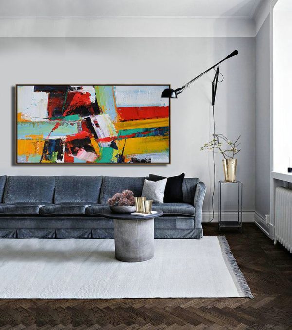 Handmade Large Painting,Horizontal Palette Knife Contemporary Art Panoramic Canvas Painting,Acrylic Painting On Canvas,White,Yellow,Red,Black.etc - Image 3