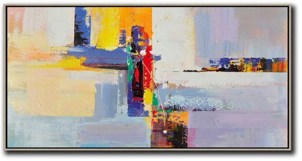 Handmade Extra Large Contemporary Painting,Horizontal Palette Knife Contemporary Art Panoramic Canvas Painting,Large Living Room Wall Decor,White,Yellow,Purple,Red.etc