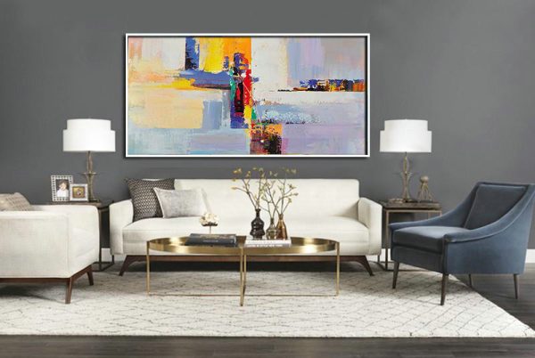 Handmade Extra Large Contemporary Painting,Horizontal Palette Knife Contemporary Art Panoramic Canvas Painting,Large Living Room Wall Decor,White,Yellow,Purple,Red.etc - Image 4