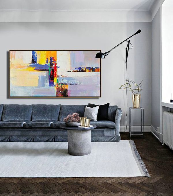Handmade Extra Large Contemporary Painting,Horizontal Palette Knife Contemporary Art Panoramic Canvas Painting,Large Living Room Wall Decor,White,Yellow,Purple,Red.etc - Image 7