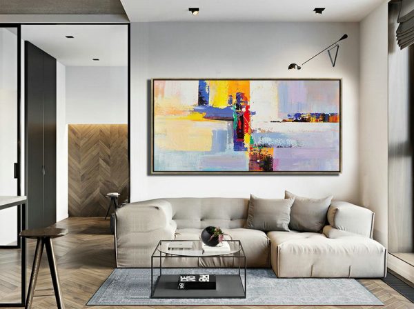Handmade Extra Large Contemporary Painting,Horizontal Palette Knife Contemporary Art Panoramic Canvas Painting,Large Living Room Wall Decor,White,Yellow,Purple,Red.etc - Image 8