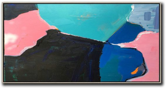Large Abstract Painting,Horizontal Palette Knife Contemporary Art Panoramic Canvas Painting,Modern Wall Decor,Pink,Grey,Lake Blue,Black,Blue.etc