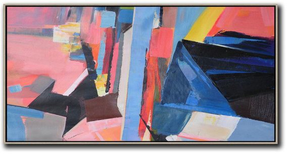 Large Abstract Art,Horizontal Palette Knife Contemporary Art Panoramic Canvas Painting,Contemporary Wall Art,Pink,Blue,Black,Yellow.etc