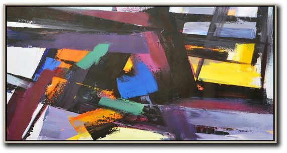 Handmade Large Contemporary Art,Horizontal Palette Knife Contemporary Art Panoramic Canvas Painting,Large Canvas Art,Purple,Black,Yellow,Blue.etc