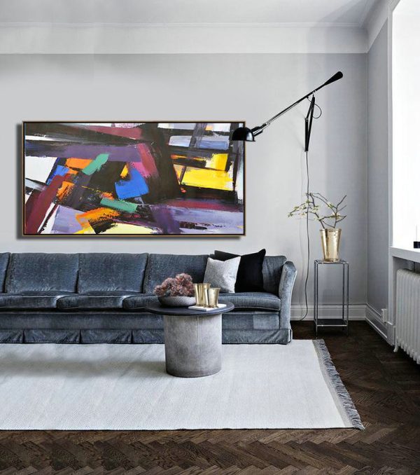 Handmade Large Contemporary Art,Horizontal Palette Knife Contemporary Art Panoramic Canvas Painting,Large Canvas Art,Purple,Black,Yellow,Blue.etc - Image 3
