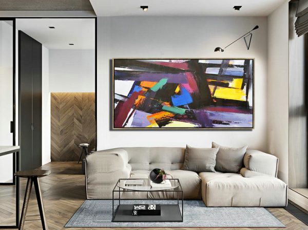 Handmade Large Contemporary Art,Horizontal Palette Knife Contemporary Art Panoramic Canvas Painting,Large Canvas Art,Purple,Black,Yellow,Blue.etc - Image 4
