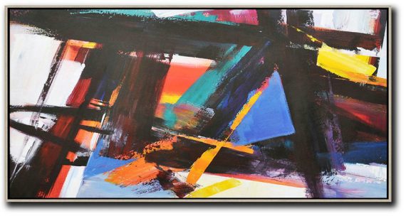 Large Abstract Art Handmade Painting,Horizontal Palette Knife Contemporary Art Panoramic Canvas Painting,Hand Painted Acrylic Painting,White,Black,Yellow,Blue.etc