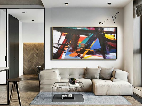 Large Abstract Art Handmade Painting,Horizontal Palette Knife Contemporary Art Panoramic Canvas Painting,Hand Painted Acrylic Painting,White,Black,Yellow,Blue.etc - Image 3