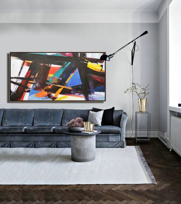 Large Abstract Art Handmade Painting,Horizontal Palette Knife Contemporary Art Panoramic Canvas Painting,Hand Painted Acrylic Painting,White,Black,Yellow,Blue.etc - Image 4