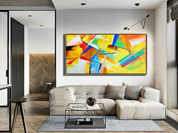 Handmade Painting Large Abstract Art,Horizontal Palette Knife Contemporary Art Panoramic Canvas Painting,Handmade Acrylic Painting,Yellow,Red,White,Blue,Green.etc - Image 4