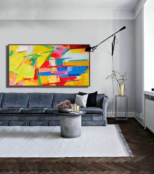 Huge Abstract Painting On Canvas,Horizontal Palette Knife Contemporary Art Panoramic Canvas Painting,Large Wall Art Home Decor,Yellow,Red,White,Blue.etc - Image 5