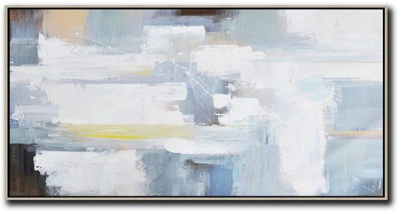 Huge Abstract Painting On Canvas,Horizontal Palette Knife Contemporary Art Panoramic Canvas Painting,Hand Paint Large Art,White,Grey,Yellow,Brown.etc