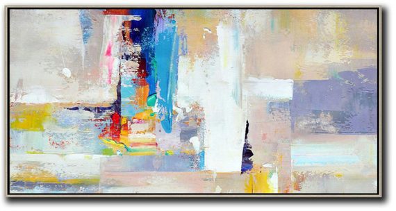 Large Abstract Art Handmade Oil Painting,Horizontal Palette Knife Contemporary Art Panoramic Canvas Painting,Big Wall Art For Living Room,Grey,White,Blue,Purple.etc