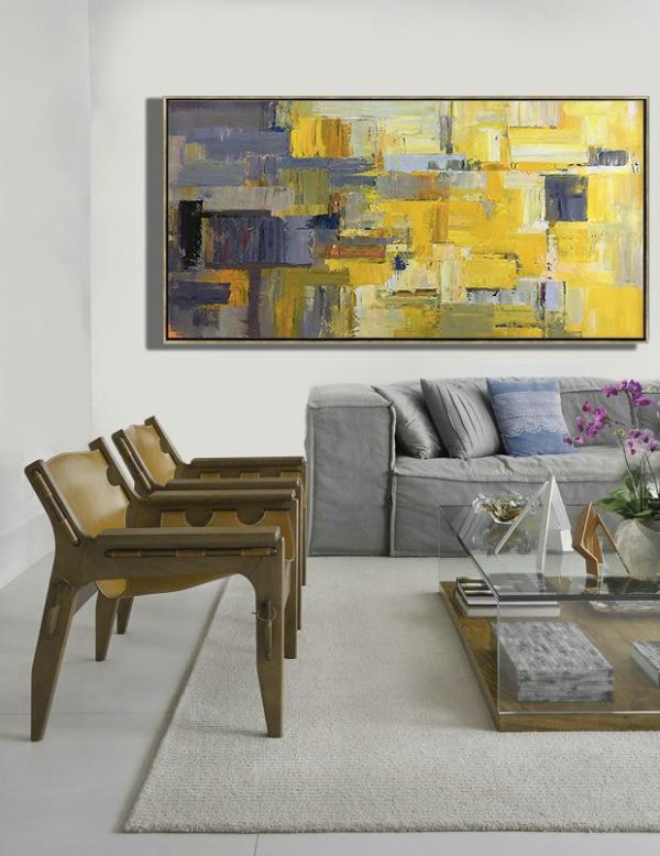 Large Modern Abstract Painting,Horizontal Palette Knife Contemporary Art Panoramic Canvas Painting,Acrylic Painting On Canvas,Yellow,Grey,Brown,White.etc - Image 3