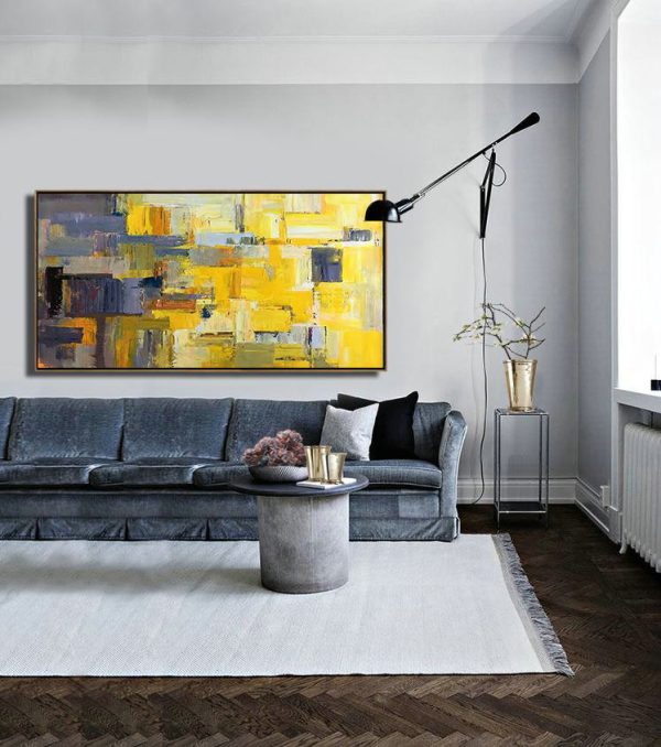 Large Modern Abstract Painting,Horizontal Palette Knife Contemporary Art Panoramic Canvas Painting,Acrylic Painting On Canvas,Yellow,Grey,Brown,White.etc - Image 4