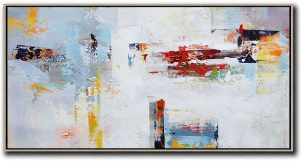 Original Extra Large Wall Art,Horizontal Palette Knife Contemporary Art Panoramic Canvas Painting,Bedroom Wall Decor,Grey,White,Red,Yellow.etc