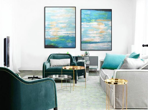 Abstract Painting Extra Large Canvas Art,Set Of 2 Abstract Painting On Canvas,Oversized Art,Blue,White,Yellow,Green.etc - Image 2