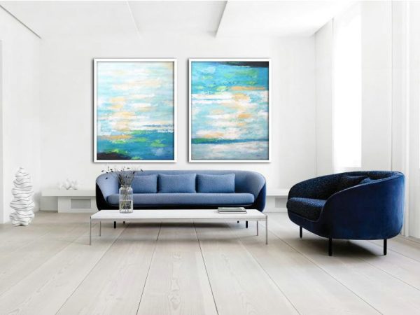 Abstract Painting Extra Large Canvas Art,Set Of 2 Abstract Painting On Canvas,Oversized Art,Blue,White,Yellow,Green.etc - Image 3