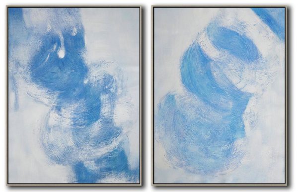 Original Abstract Painting Extra Large Canvas Art,Set Of 2 Blue Contemporary Painting On Canvas,Large Canvas Art,Modern Art Abstract Painting,Grey,White,Blue.etc