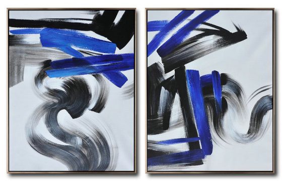 Handmade Painting Large Abstract Art,Large Set Of 2 Blue Minimalist Painting On Canvas - Acrylic Painting Canvas Art