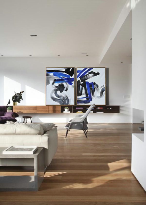 Handmade Painting Large Abstract Art,Large Set Of 2 Blue Minimalist Painting On Canvas - Acrylic Painting Canvas Art - Image 5