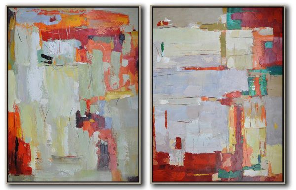 Handmade Large Contemporary Art,Set Of 2 Contemporary Art On Canvas,Living Room Canvas Art,Red,Grey,Orange,Green.etc