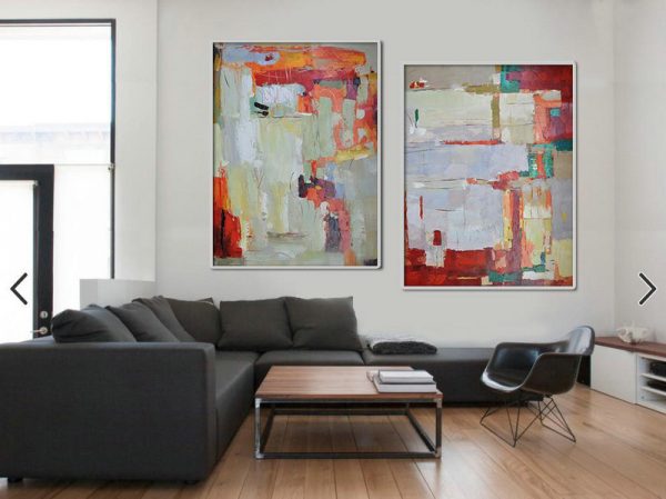 Handmade Large Contemporary Art,Set Of 2 Contemporary Art On Canvas,Living Room Canvas Art,Red,Grey,Orange,Green.etc - Image 2