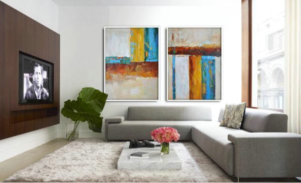 Large Abstract Art,Set Of 2 Contemporary Art On Canvas,Big Canvas Painting,Grey,Yellow,Blue,Dark Red,Brown.etc - Image 2