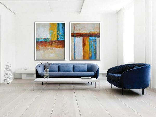 Large Abstract Art,Set Of 2 Contemporary Art On Canvas,Big Canvas Painting,Grey,Yellow,Blue,Dark Red,Brown.etc - Image 3