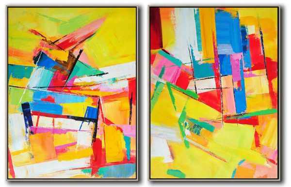Acrylic Painting On Canvas,Set Of 2 Contemporary Art On Canvas,Hand Painted Abstract Art,Yellow,Blue,Red,Pink,Green.etc