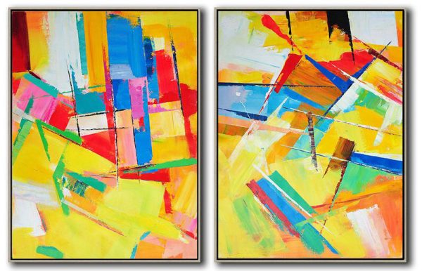 Extra Large Canvas Art,Set Of 2 Contemporary Art On Canvas,Hand Painted Original Art,Red,Yellow,Blue,Purple,Green.etc