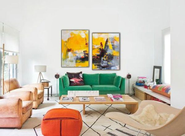 Handmade Large Contemporary Art,Set Of 2 Contemporary Art On Canvas,Large Contemporary Painting,Yellow,Grey,Black.etc - Image 2