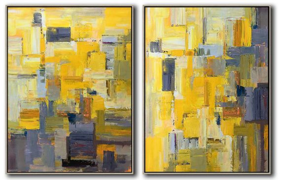Extra Large Abstract Painting On Canvas,Set Of 2 Contemporary Art On Canvas,Contemporary Wall Art,Yellow,Purple,Taupe,Brown.etc