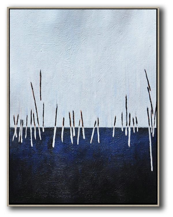 Large Abstract Art,Oversized Abstract Landscape Painting,Big Canvas Painting,White,Dark Blue,Black.etc