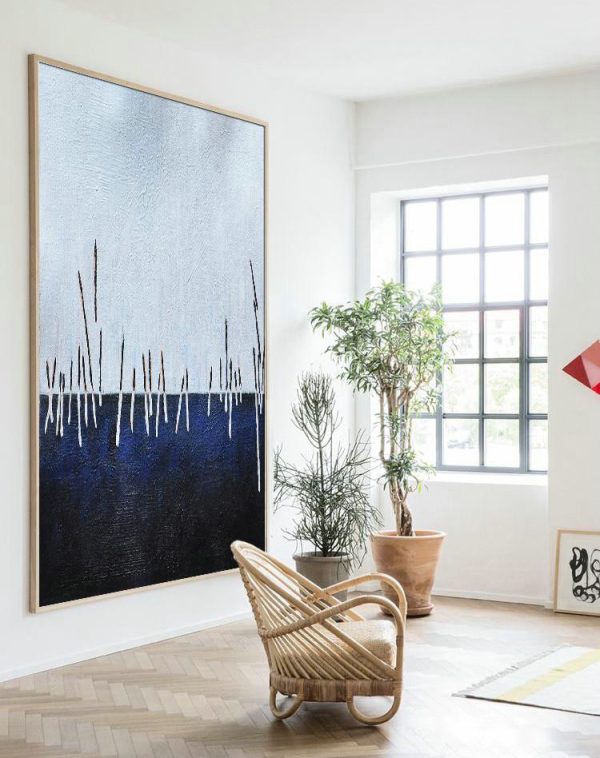 Large Abstract Art,Oversized Abstract Landscape Painting,Big Canvas Painting,White,Dark Blue,Black.etc - Image 2