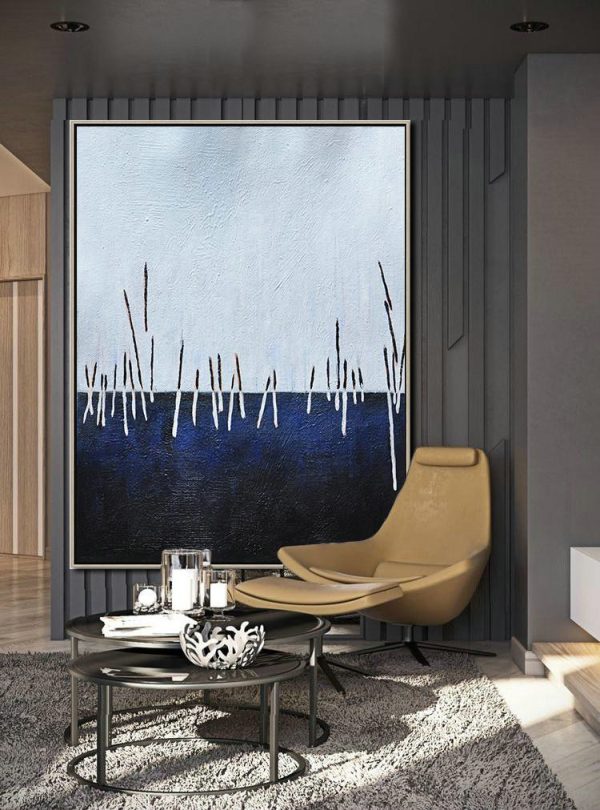 Large Abstract Art,Oversized Abstract Landscape Painting,Big Canvas Painting,White,Dark Blue,Black.etc - Image 3