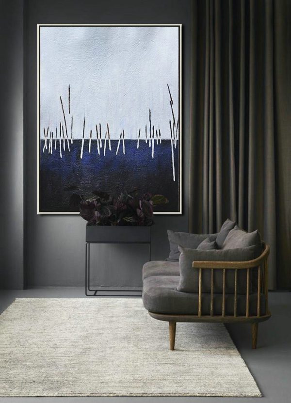 Large Abstract Art,Oversized Abstract Landscape Painting,Big Canvas Painting,White,Dark Blue,Black.etc - Image 4