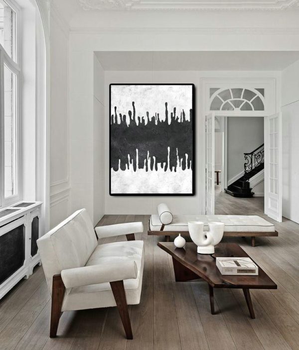 Large Contemporary Art Acrylic Painting,Black And White Minimal Painting On Canvas - Wall Art Ideas For Living Room - Image 3