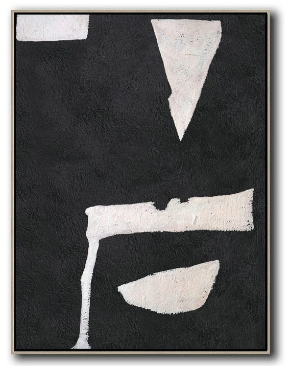 Large Contemporary Art Acrylic Painting,Hand-Painted Black And White Minimal Painting On Canvas - Hand-Painted Contemporary Art