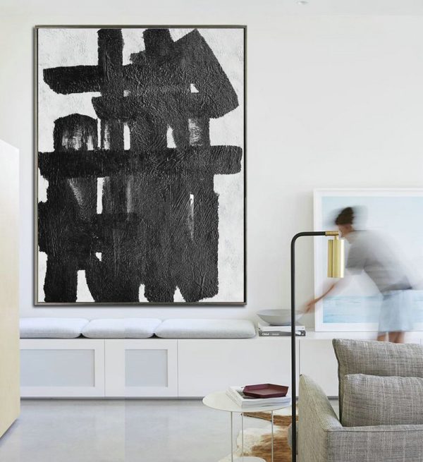 Large Abstract Art Handmade Oil Painting,Black And White Minimal Painting On Canvas - Giant Wall Decor - Image 2