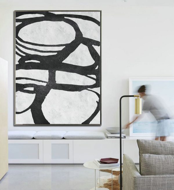 Original Art,Black And White Minimal Painting On Canvas - Oversized Canvas Art - Image 3
