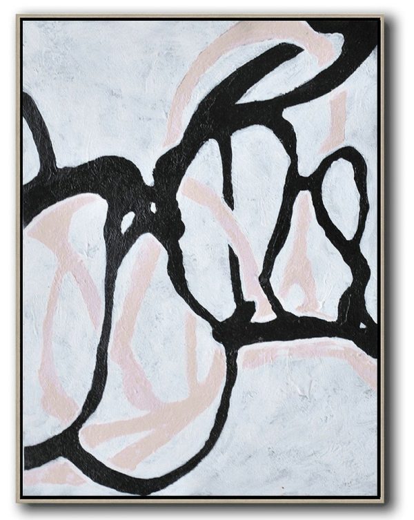 Handmade Large Painting,Hand-Painted Black And White Minimal Painting On Canvas - Hand Painted Original Art