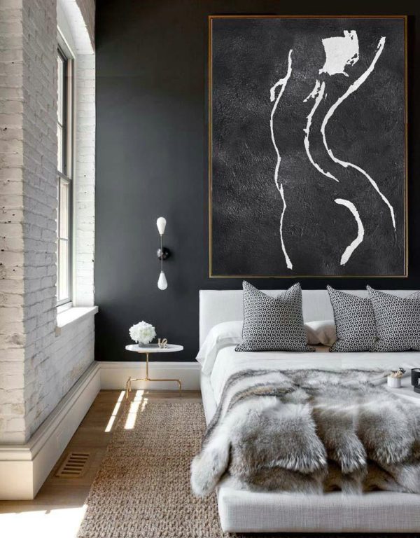 Huge Abstract Canvas Art,Black And White Minimal Painting On Canvas - Large Abstract Wall Art - Image 3