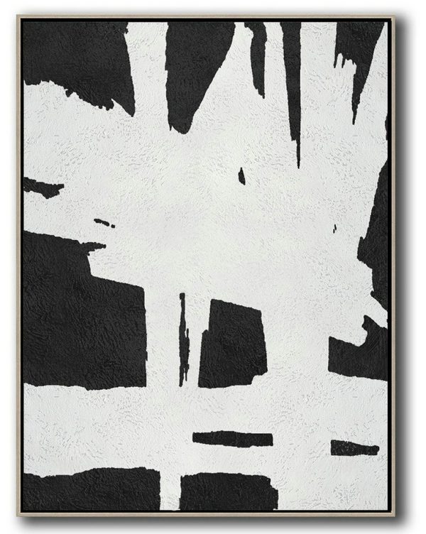 Handmade Acrylic Painting,Black And White Minimal Painting On Canvas - Oversized Wall Decor
