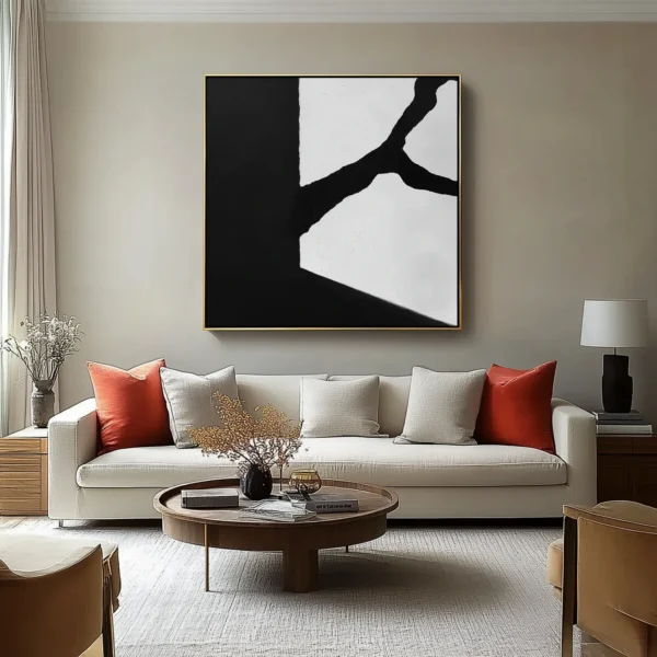 Abstract canvas with left 60% solid black area and right 40% white section split by jagged black fracture. Zero text/symbols present. Extreme matte black and flat white contrast with visible brush texture.