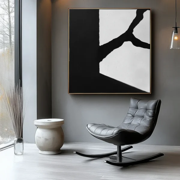 Abstract canvas with left 60% solid black area and right 40% white section split by jagged black fracture. Zero text/symbols present. Extreme matte black and flat white contrast with visible brush texture.