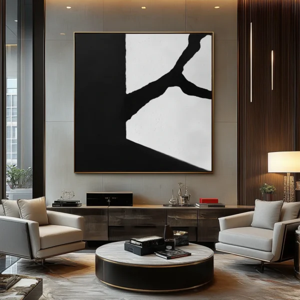 Abstract canvas with left 60% solid black area and right 40% white section split by jagged black fracture. Zero text/symbols present. Extreme matte black and flat white contrast with visible brush texture.