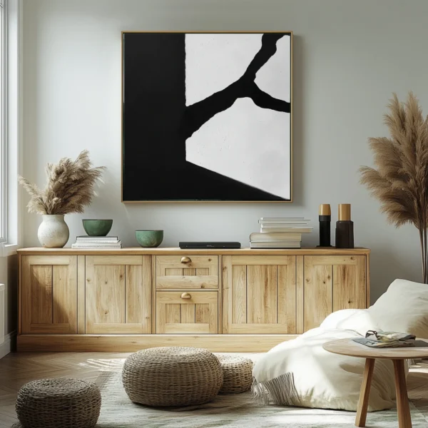 Abstract canvas with left 60% solid black area and right 40% white section split by jagged black fracture. Zero text/symbols present. Extreme matte black and flat white contrast with visible brush texture.